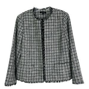 Ann Taylor black white fringe tweed open lightweight preppy office blazer 8